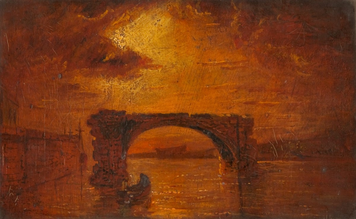 This dramatic oil painting is done in shades of orange and brown, showing a single stone arch surrounded by shimmering water at sunset. The centre of the sky above is golden, with clouds around the edge and the sun just hidden behind them. To the left is the high stone wall of the quayside, separated from the broken end of the arch by a few metres of water. Through the middle of the arch there is the silhouette of a boat's hull on the shore some distance away. To the right, the river and its northern bank fade into darkness.